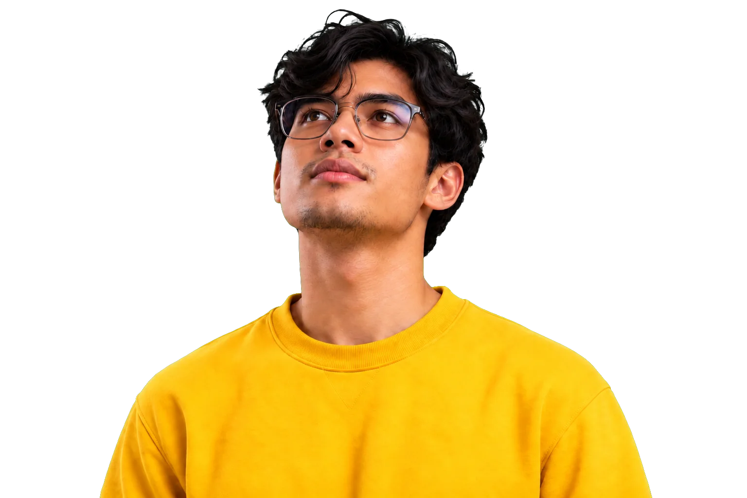 Man in a yellow sweatshirt looking up to the left